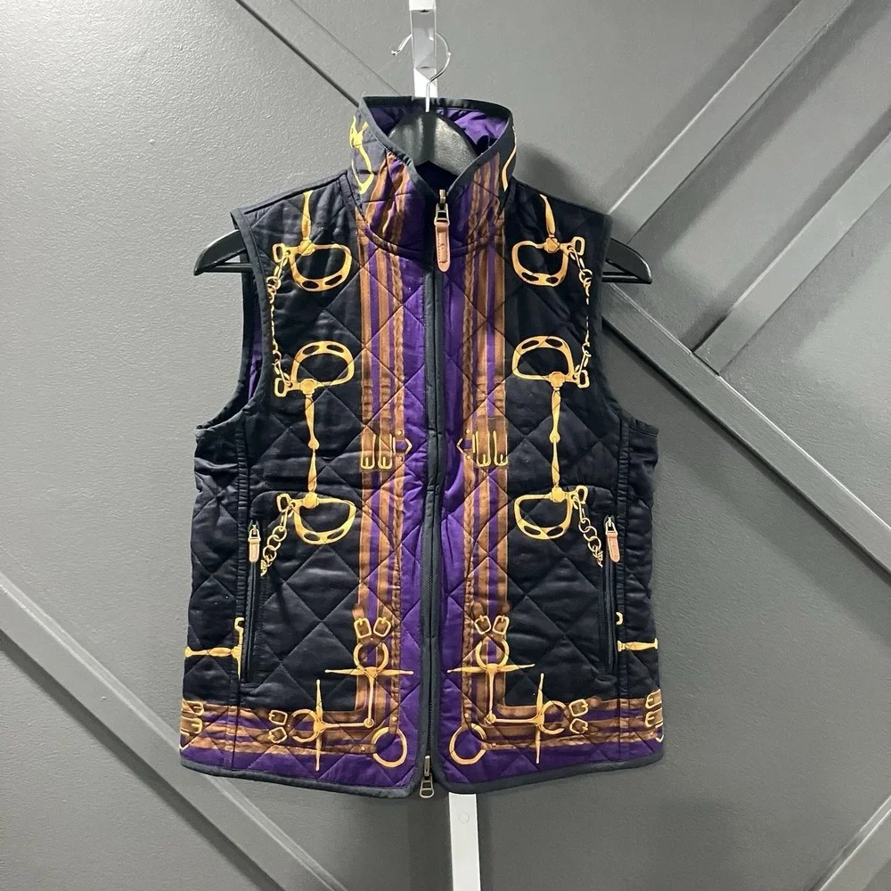 Ralph Lauren Womens Small Quilted Equestrian Bit Print Puffer Vest Full Zip